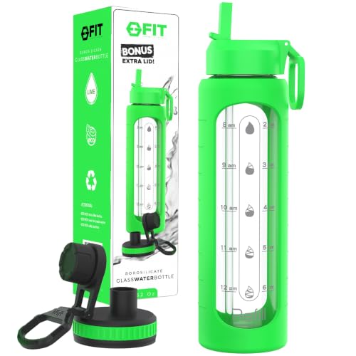 32 oz Glass Water Bottle with Straw Lid (Lime Sleeve)