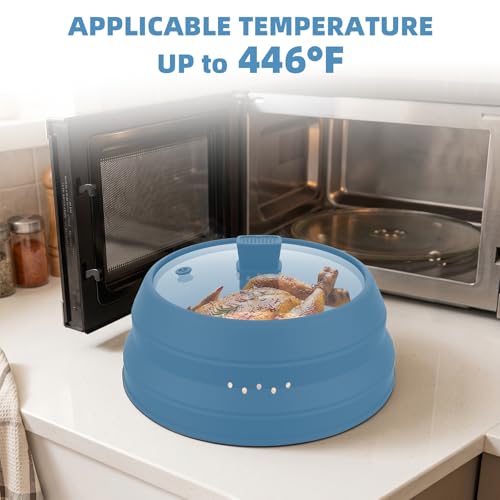 Tall Microwave Splatter Cover Glass Cover Guard Lid 5.8 inch Height with Collapsible Silicone for Food Pot Plate 10.5 inch Blue (Taller style Blue / 10.8 inch)