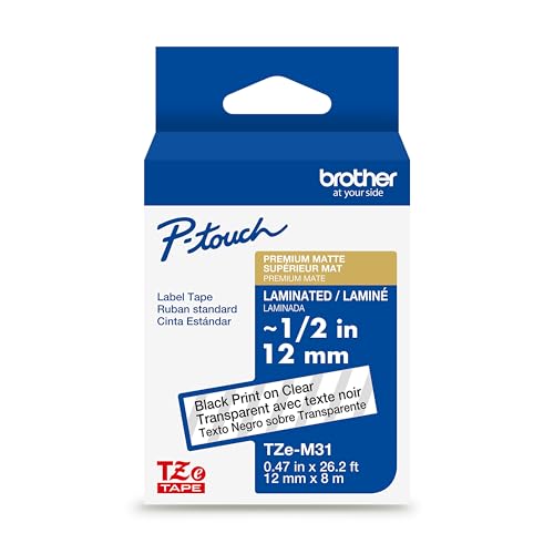 P-Touch TZe-M31 Black Print on Premium Matte Clear Laminated Tape 12mm (0.47”) Wide x 8m (26.2’) Long, TZEM31