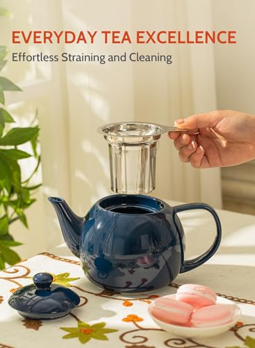 Teapot Porcelain Tea Pot with Stainless Steel Infuser (Navy / 27oz (with infuser))