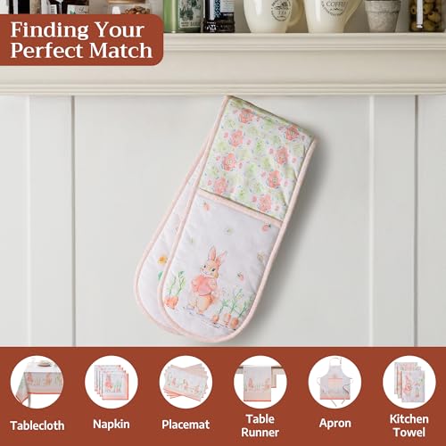Double Oven Mitts 100% Cotton Double Oven Glove (013 - Bunny Party / 7" x 35" (Double Oven Mitt))