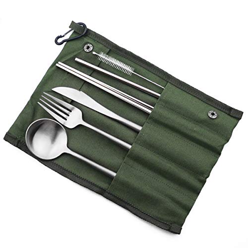 Reusable Travel Utensils (Green Pouch / Silver)