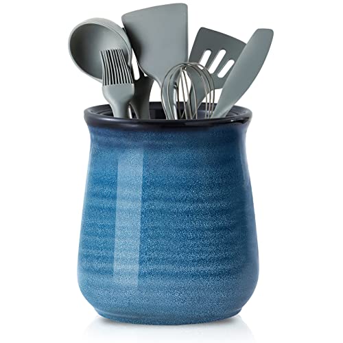 Extra Large Ceramic Utensil Holder Crock for Kitchen Counter (Blue)