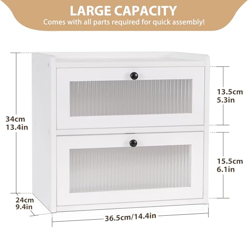 Bread Box for Kitchen Countertop Wooden Bread Storage Container Bin 2 Layer Breadbox Holder Large Capacity Keeper Vintage Farmhouse Food Organizer Pantry Shelf Acrylic Window (White)