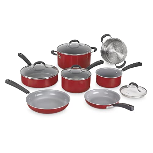 54C-11R 11-Piece Ceramica XT Nonstick Cookware Set, Red/Stainless Steel (Red w/Grey Interior / Cookware Set)