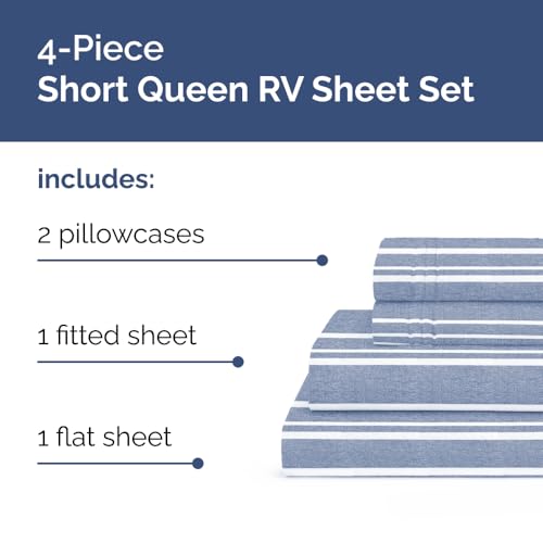 Short Queen Size 4 Piece Bed Sheet Set (42 - Blue Stripes 3 / Short Queen)