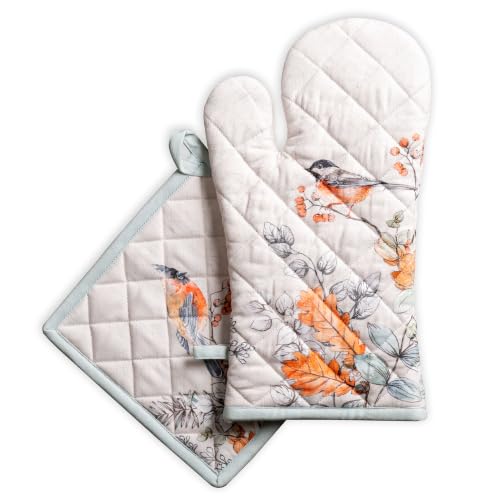 100% Cotton Oven Mitt & Pot Holder Set (063 - Whitish Shabby Chique / 7.5" x 13" & 8" x 8" (Oven Mitt & Pot Holder))
