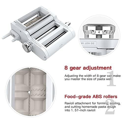 3-IN-1 Pasta Attachment & Ravioli Attachment for KitchenAid Stand Mixers, Pasta Maker Assecories included Pasta Sheet Roller, Spaghetti Cutter and Ravioli Maker Attachment (White/Silver)