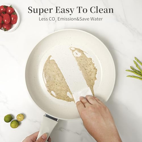 Nonstick Ceramic Frying Pans Skillets Set with Lid 8"+9.5"+11" (Cream White)