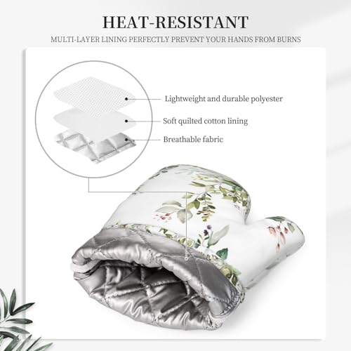 Sage Green Eucalyptus Oven Mitts and Pot Holders Sets Silicone Watercolor Butterfly Leaves Kitchen Mitts Potholders Heat Resistant 4Pcs Oven Gloves Hot Pads for Kitchen Baking Cooking (Green Eucalyptus)
