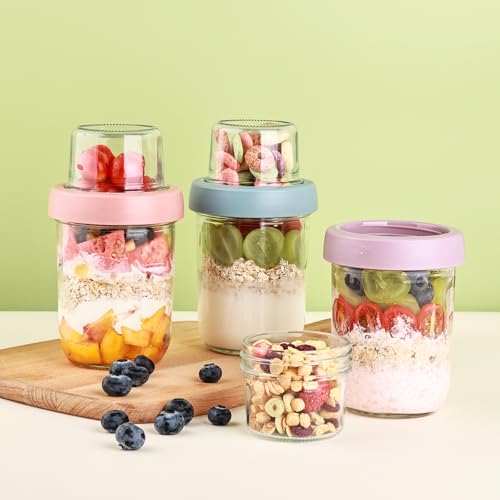 6 Pack Overnight Oats Containers with Lids (6 Pack Dual Layer Oat Jar)
