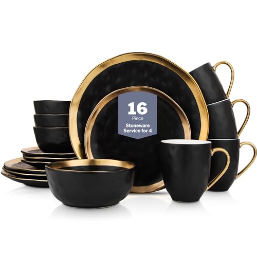 Florian Modern Porcelain 16 Piece Dinnerware Set (16-Pieces Service for 4 / Black with Gold Rim)