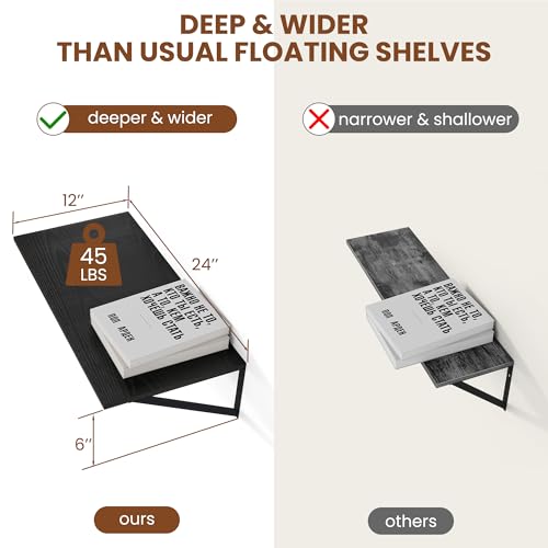 24W x 12D Deep Floating Shelves Set of 2 Black (Black With Black Metal Bracket / 24wx12dx5.8h)