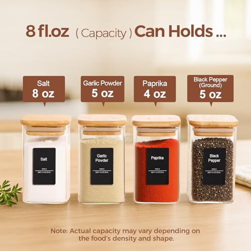 Square Glass Spice Jars with Labels 8 oz 12 Pack with Bamboo Lids (12 Count)