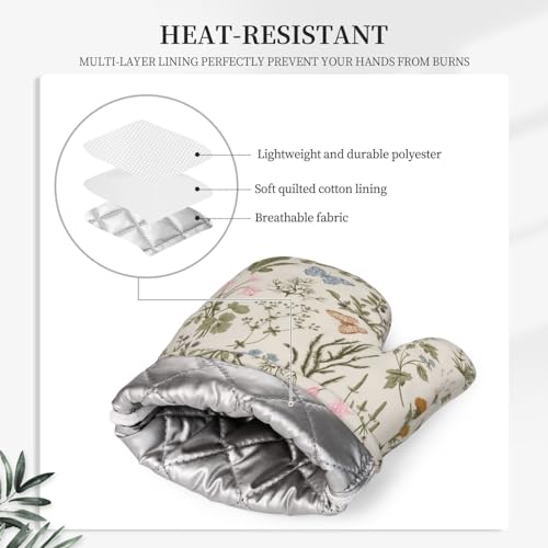 Vintage Wildflower Herbs Floral Rustic Butterfly Oven Mitts and Pot Holders Sets Silicone Kitchen Mitts Potholders Heat Resistant 4Pcs Oven Gloves Hot Pads for Kitchen Baking Cooking (Vintage Wildflower)