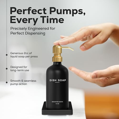 Luxury Glass Hand and Dish Soap Dispenser Set by Brighter Barns (Black/Gold Hd)