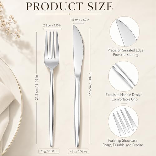 100 Pieces Stainless Steel forks and knives Dinner Flatware Set Tableware Cutlery for Butter Kitchen Restaurant (8.8 Inches，8.4 Inches / Silver)