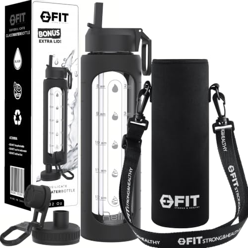 32 oz Glass Water Bottle with Time Marker (Black, Black Carrier)