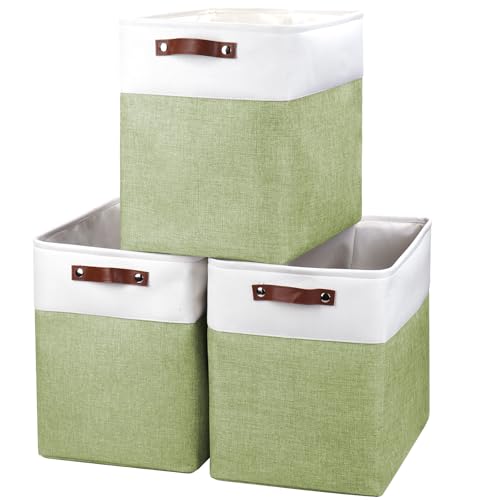 Large Fabric Storage Baskets (Green / Off-White / Extra Large -17"x12"x15")