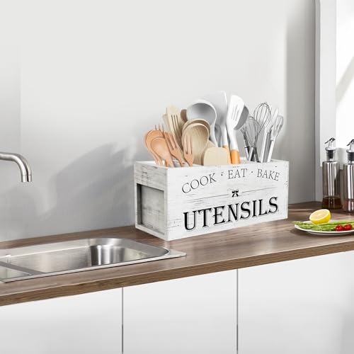 Extra Large Utensil Holder Countertop for Kitchen Counter (White Grain)