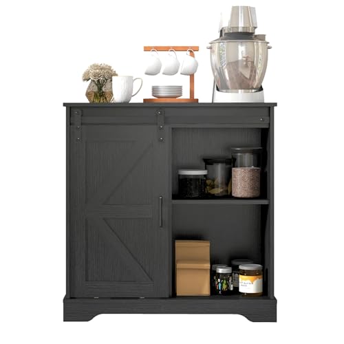 Sliding Barn Door Buffet Sideboard Storage Cabinet Coffee Bar Kitchen Farmhouse Style (Black)