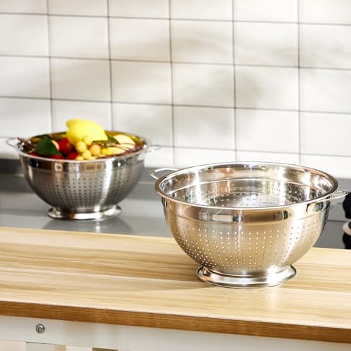 2 Pack 5 Quart Heavy Duty Stainless Steel Colander with Footed Base and Handles Pasta Spaghetti Berry Fruit Vegetable Kitchen Food Strainer Basket (5 Quart)