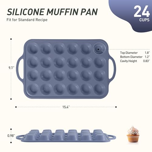24 Cups Silicone Muffin Pan with Metal Reinforced Frame Mini Size Cupcake Tray Egg Mold Kitchen Stuff Accessories New Home Essential First Department Must Haves Gadget Thing Housewarming Hostess Gift (1pc: 24-Cup Mini / Morandi Blue)