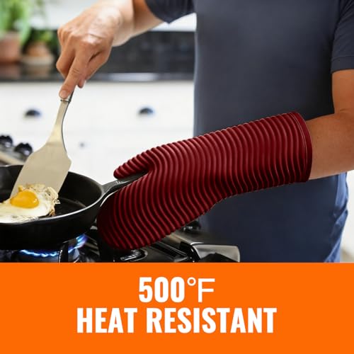 Silicone Oven Mitts (2PCS-12"L x 7"W/RED-WAVE SURFACE)