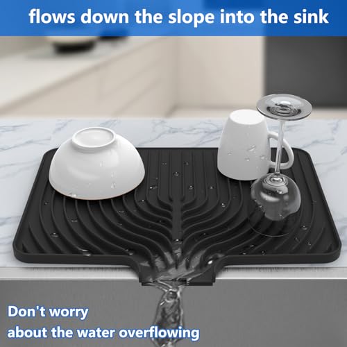 Dish Drying Mat for sink with a bulged edge (18"×12" / Black)