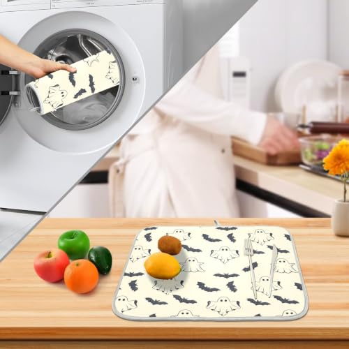 Halloween Spooky Ghost Bats Dish Drying Mat for Kitchen Counter Absorbent Microfiber Large Drying Pad Dish mats for Kitchen Countertops 18 x 24 Inch (Halloween Ghost Bats / 24" x 18")