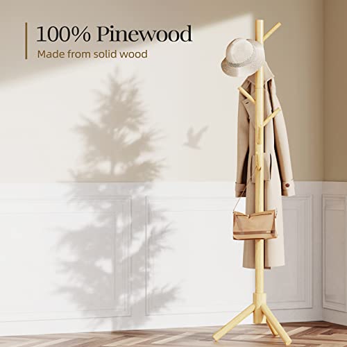 Solid Wooden Coat Rack Freestanding with 8 Hooks (Wood)