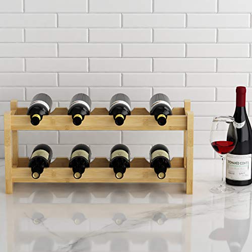 Wine Rack Freestanding 8 Bottle 2 Tier Bamboo Wine Racks Countertop Cabinet Wine Holder Wine Storage Shelf for Kitchen (2-tier-Natural)