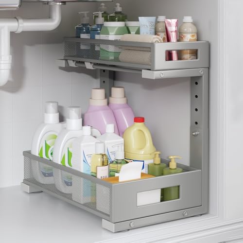 1 Pack-11.4"-16.14" H Under Sink Storage Organizer, Large 2-Tier Elegant Mesh Pull Out Shelf for Kitchen & Bathroom Cabinet Organization, L-Shaped, Adjustable Height-Gun Gray (Gun Gray / 1 Pack-15.74"Dx11.4"-16.14"H)