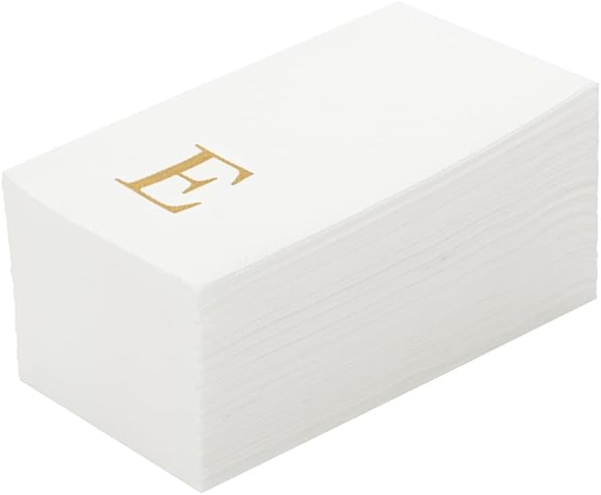 Luxenap 15.8 X 7.9 Inch Linen-Feel Guest Towels, 50 Lettered Hand Towels - Gold Letter 'E', Sans Serif Font, White Paper Dinner Napkins, airlaid, For Restrooms And Tables - Restaurantware