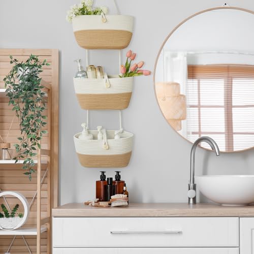 Over the Door Hanging Baskets with Wooden Button (White&Jute / 3 tier+Wooden Button)