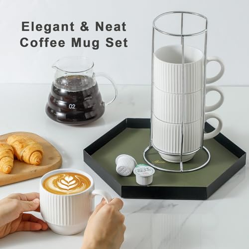 White Ceramic Coffee Mugs Set With Holder (White / 12 Ounces)