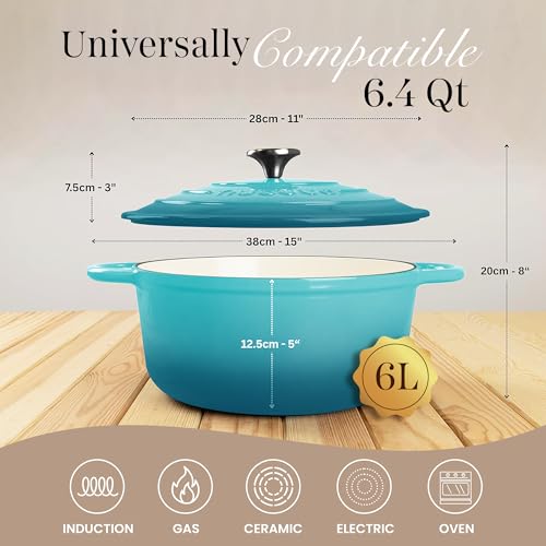 Enamelled Cast Iron Dutch Oven Pot with Lid (Teal / 6.4-Quart - Deep)