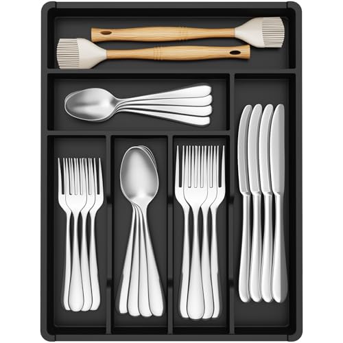 Silverware Drawer Organizer Tray (Black / 12.3 x 16 inch (6 Slots))