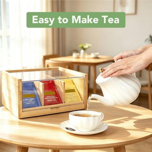 Bamboo Tea Bag Organizer Storage Box with 6 Compartments (Compact-Bamboo)