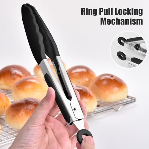 Kitchen Tongs with Silicone Tips for Cooking Serving (7in / Black)