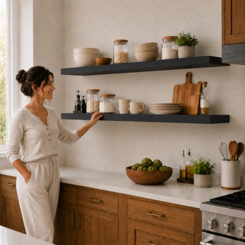 Rusitc Floating Shelves 48 inch Long 8 "deep Set of 2 (Black / 48'' x 8''x 2''(set of 2）)