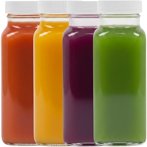 8oz Square Glass Juice Shot Bottle with Lid (8oz / 4 Pack)