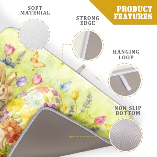 Easter Egg Dish Drying Mat 18x24 Inch Bunny Floral Green Drying Pad for Kitchen Counter Washable (Spring Bunny Green / 24" x 18")