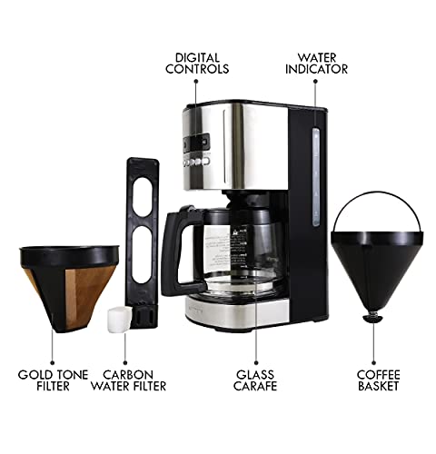 Kenmore Coffee Maker 12 cup Drip Coffee Machine Reusable Filter Programmable Timer Digital Display Aroma Control Glass Carafe Charcoal Water Filter Regular Bold Stainless Steel and Black