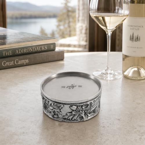 Wine Bottle Coaster Handcraft Pewter Acorn and Oak Leaf Pattern Heirloom Quality 5 inch Diameter x 2.25 inch Tall