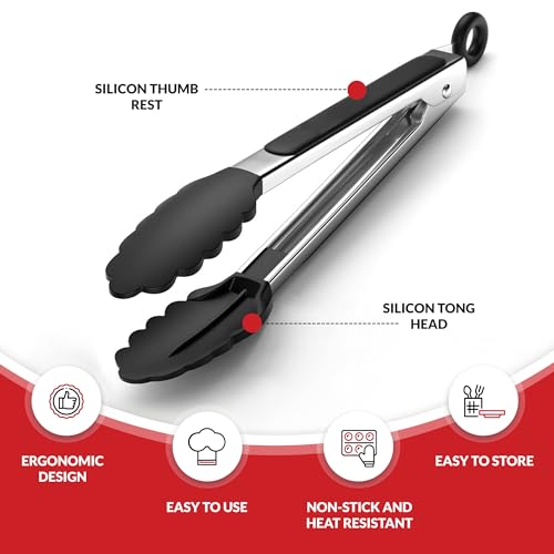 Kitchen Tongs for Cooking with Silicone Tips by Boxiki Kitchen (Black Silicon)