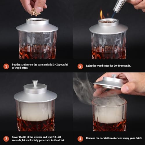 Cocktail Smoker Kit AOKE Metallic Whiskey Smoker Kit with 4 Flavors Wood Chips for Whiskey and Bourbon Old Fashioned Smoker Kit for Enhancing Drink Flavors Whiskey Gifts for Men Father's Day (Silver)