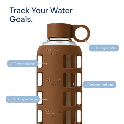 40oz / 32oz / 22oz / 12oz Borosilicate Glass Water Bottle with Time & Volume Markers, Silicone Sleeve, Stainless Steel Lid | Reusable Glass Bottle for Water & Juice (22oz Earth Brown) (Earth Brown / 22 Ounces)