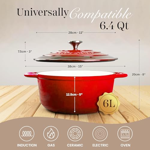 Enamelled Cast Iron Dutch Oven Pot with Lid (Red / 6.4-Quart - Deep)