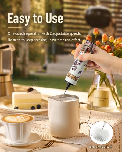 Rechargeable Milk Frother with Cover (White Floral Design)
